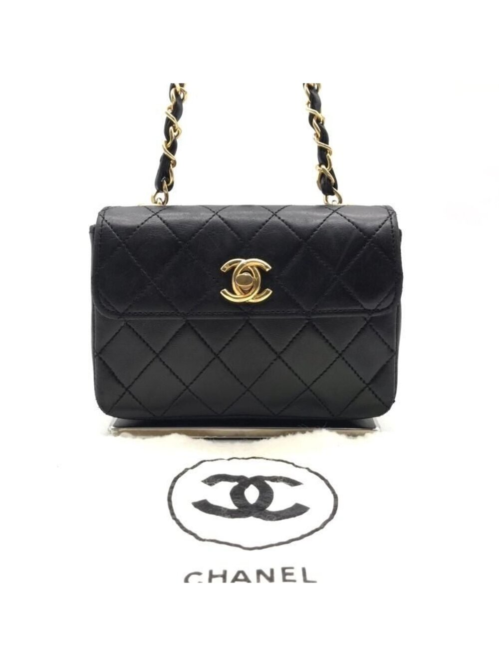 Chanel CC Logo Mini Quilted Lambskin Turnlock Chain Shoulder Bag Black